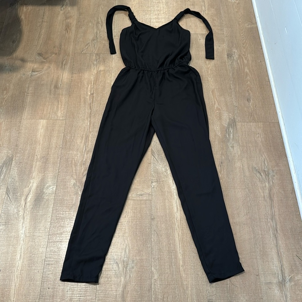 Dex Size X-Small Solid Black Halter Pants Jumpsuit sleeveless v-neck poc… - Picture 2 of 7
